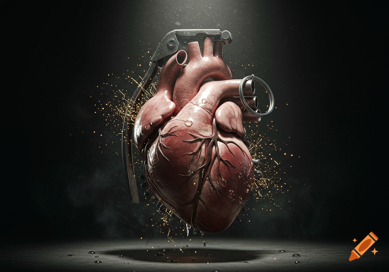 A photorealistic conceptual image of a human heart fused with a hand grenade, surrounded by sparks on a dark background.