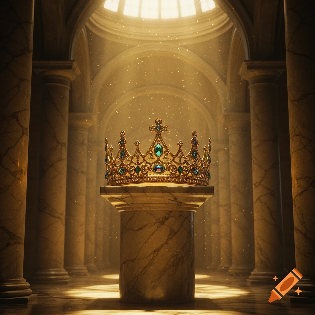 A majestic golden crown adorned with emeralds and diamonds rests on a marble pedestal in a grand, sunlit hall with tall columns.