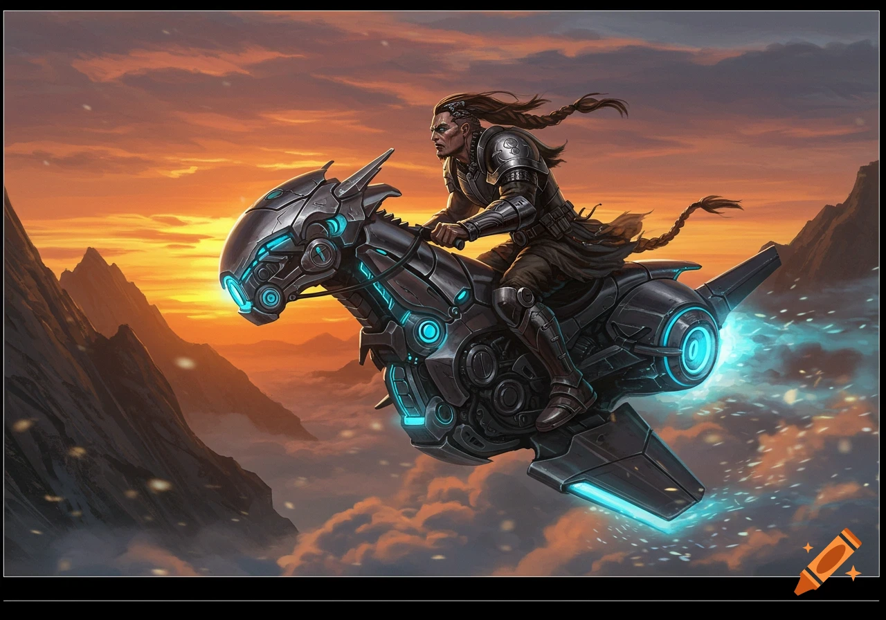 A braided warrior in armor rides a futuristic metal skycycle with blue glowing parts above misty mountains at sunset.