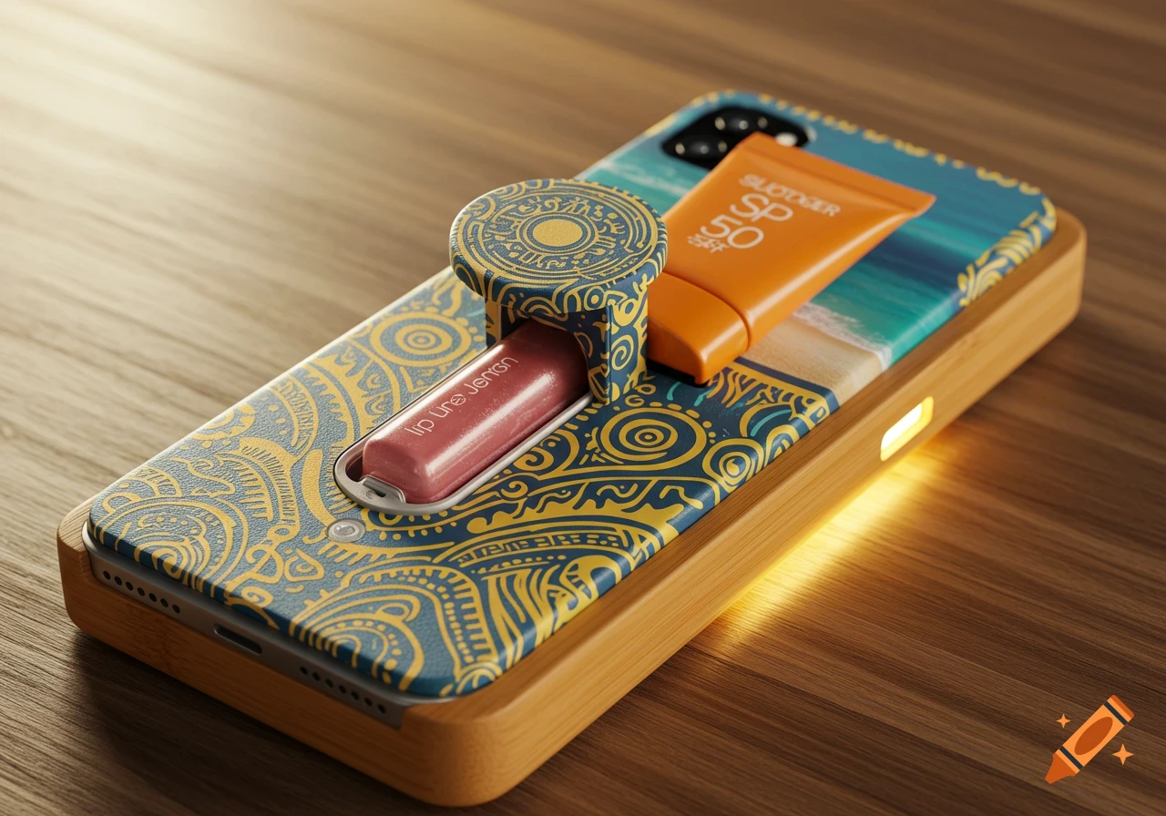A smartphone with an islander design case featuring a built-in lip gloss and sunscreen dispenser, resting on a wooden surface.