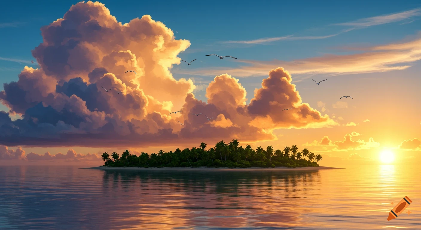 A tropical island with palm trees at sunset, with large, orange and purple clouds above and birds flying in the sky, reflected in the water.