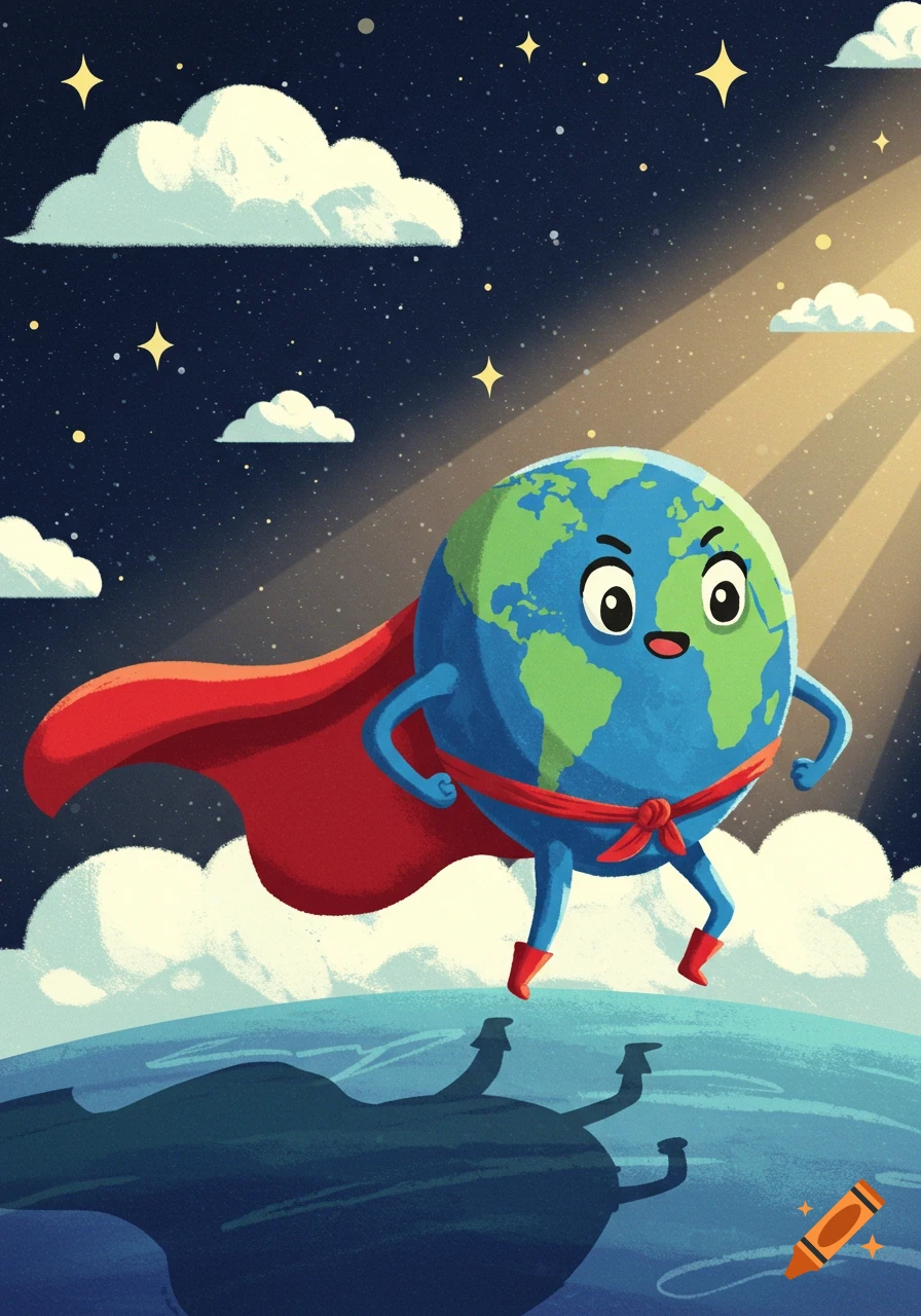 Cartoon Earth character with a red superhero cape, floating in a starry sky above the planet's surface.