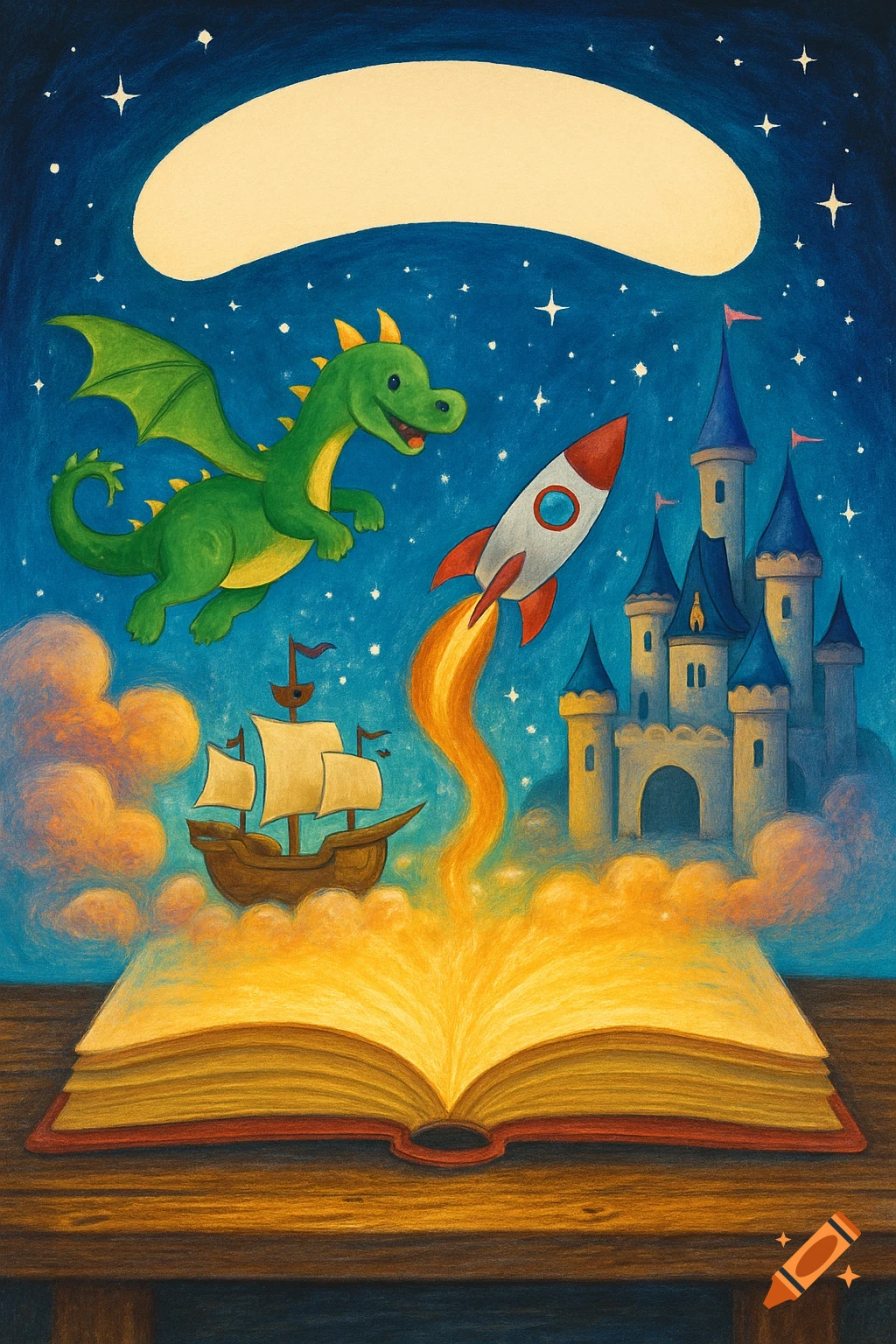A whimsical children's book open on a table, with a green dragon, rocket, pirate ship, and fairytale castle floating from its glowing pages into a starry sky.