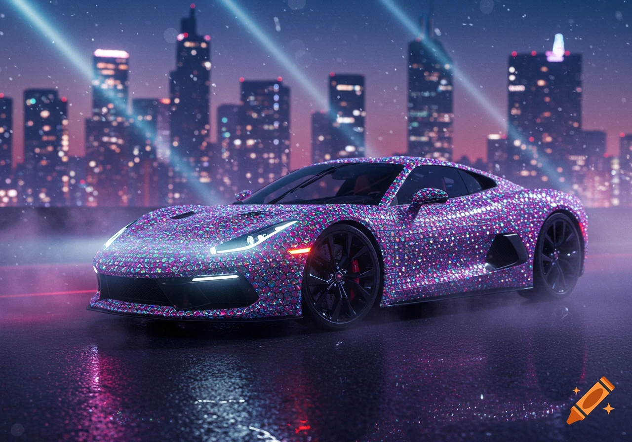 A purple and pink diamond-encrusted sports car sits on a wet road at night with a city skyline in the background.