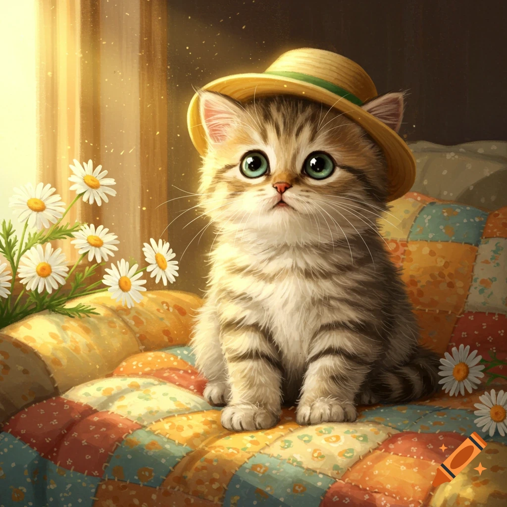 A cute tabby kitten with big green eyes wears a straw hat, sitting on a colorful patchwork quilt beside daisies in warm sunlight.