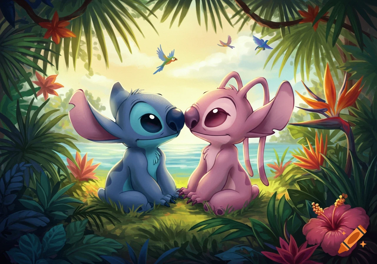 Stitch and Angel, facing each other with noses touching, sit in a lush tropical jungle with birds and flowers, by water.