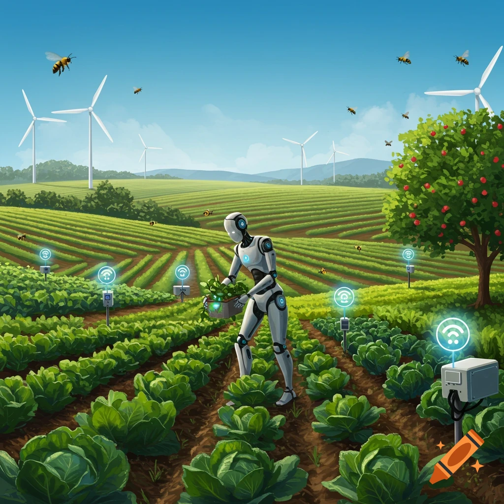 A robot harvests crops in a large green field with wind turbines, bees, and smart farming sensors under a clear blue sky.
