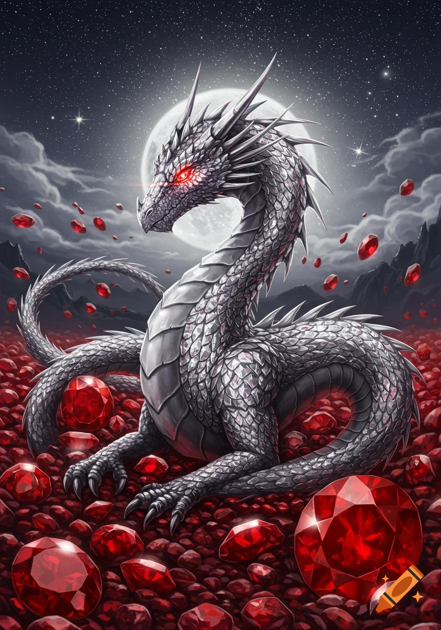 A silver dragon with glowing red eyes rests on a pile of red rubies under a full moon and starry night sky.
