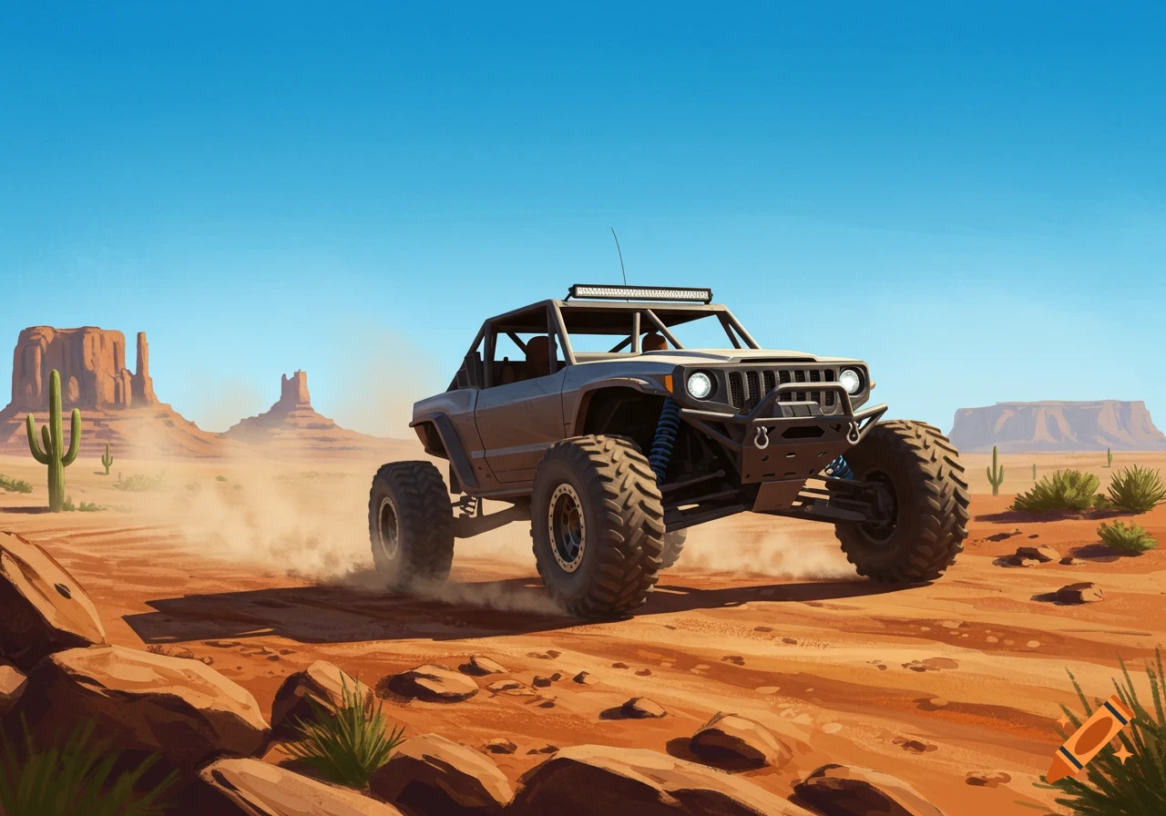 An off-road vehicle kicks up dust on a dirt track in a desert landscape with mesas and saguaro cacti under a clear blue sky, in an illustrative style.