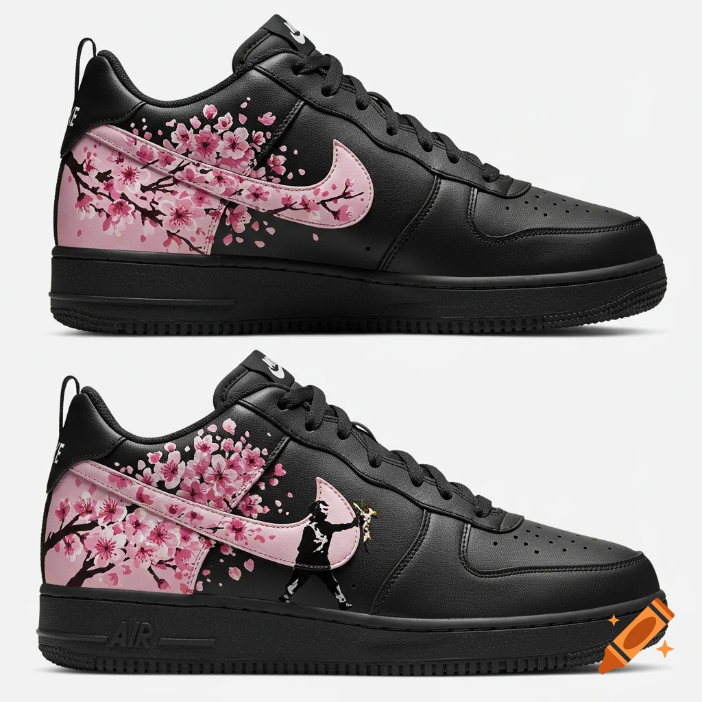 Two black Nike sneakers with custom pink cherry blossom and Banksy 'Love is in the Air' artwork.