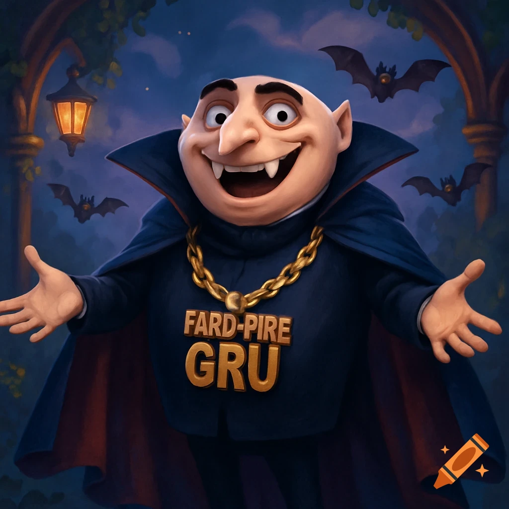 Cartoon Gru from Despicable Me dressed as a vampire in a blue cape and golden chain that says 'FARD-PIRE GRU'.