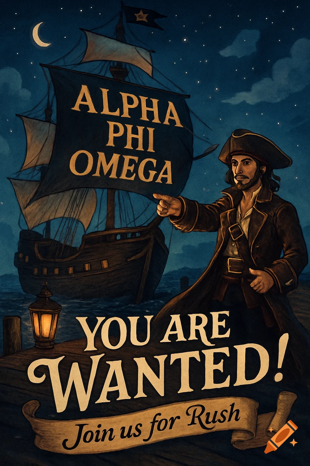 A vintage-style recruitment poster shows a pirate pointing on a dock at night, with a ship behind him. Text reads: ALPHA PHI OMEGA, YOU ARE WANTED! Join us for Rush.