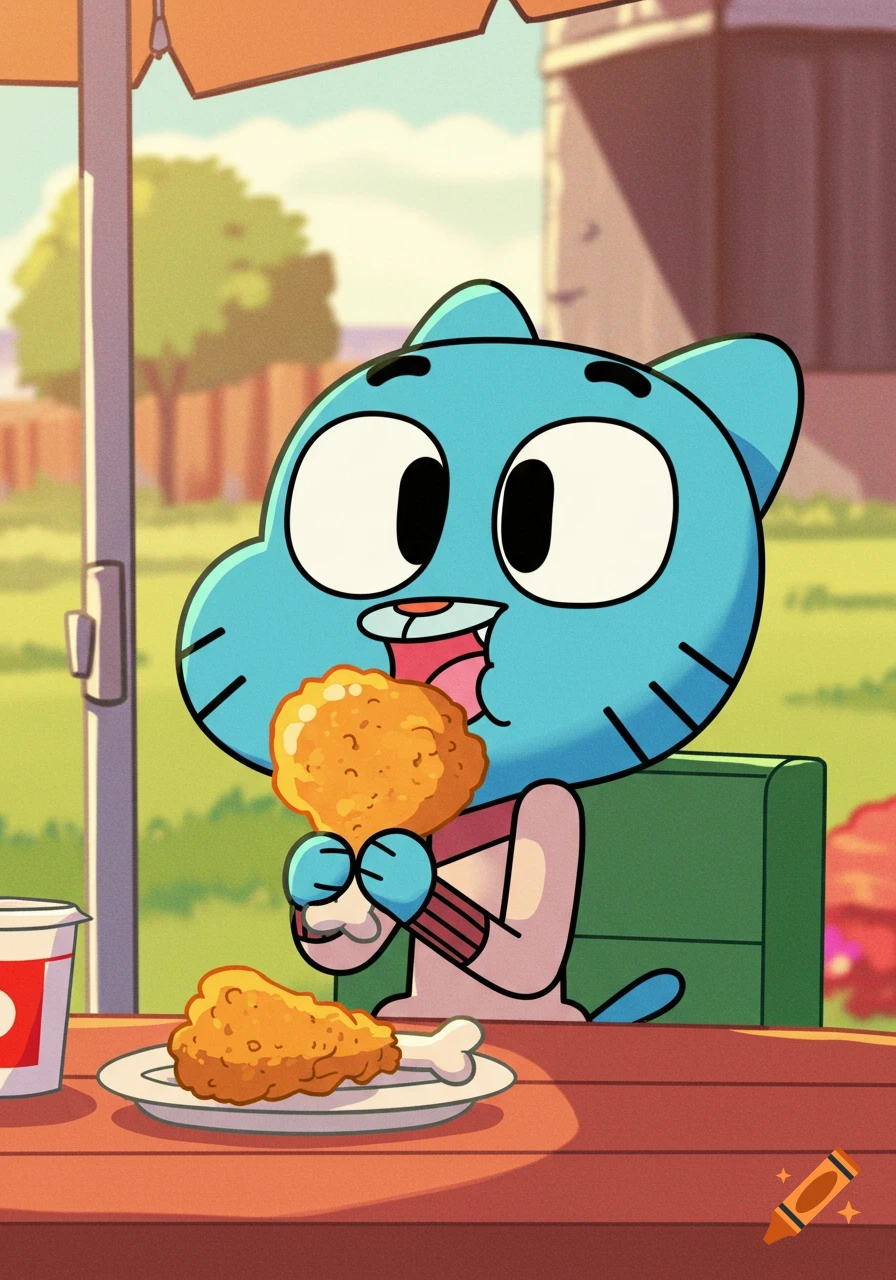 Gumball, a blue cartoon character, happily eats fried chicken at a wooden table outdoors in a bright, animated style.
