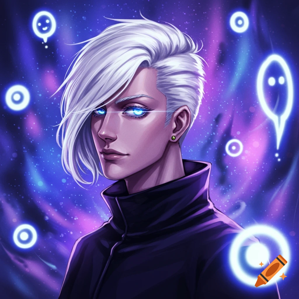 Anime-style portrait of a character with white hair and glowing blue eyes against a purple, starry background with glowing orbs.