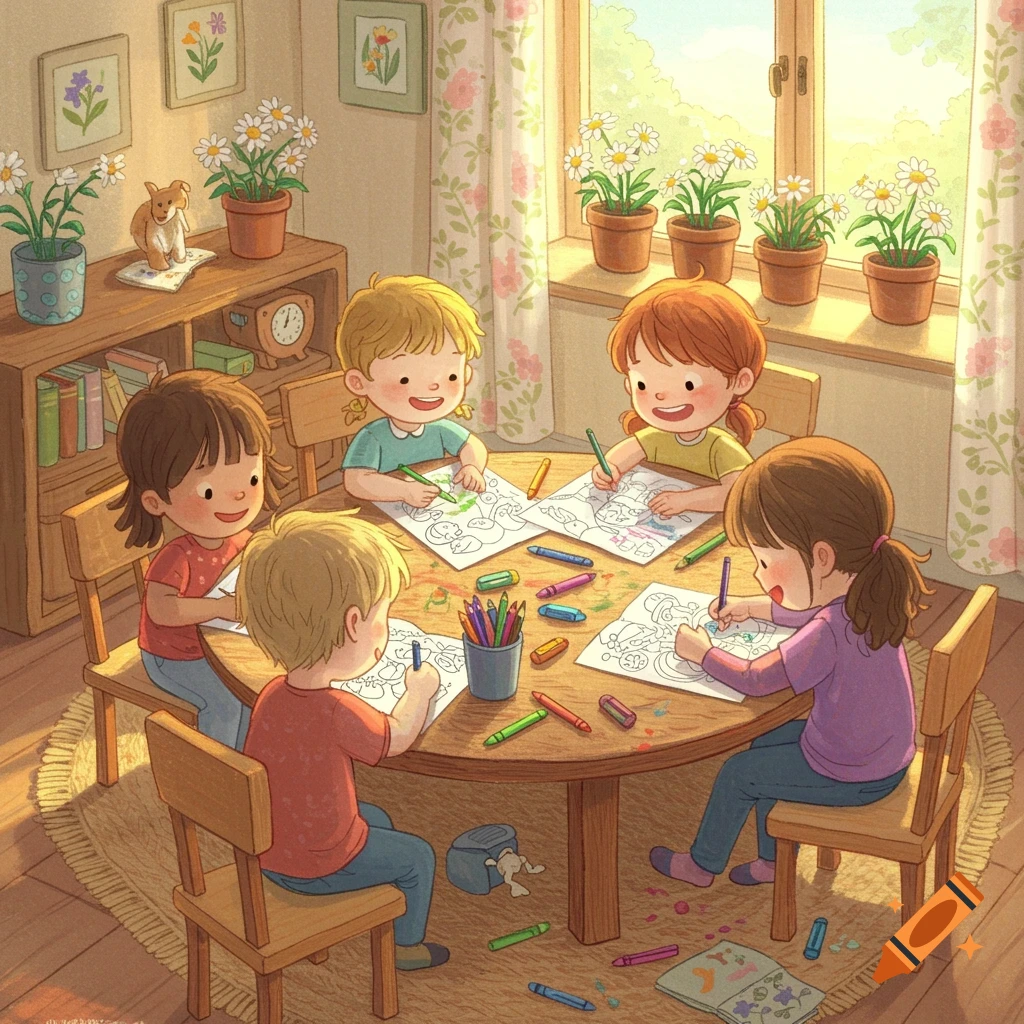 Five small children color at a round table in a cozy, sunlit room filled with plants, in an illustration style.