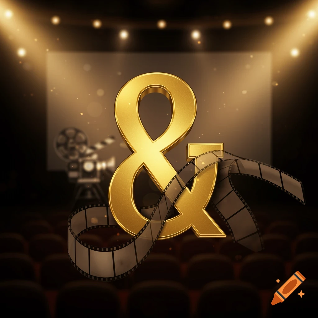 A golden ampersand symbol intertwined with a film reel, set against a blurred cinema background with a screen and auditorium seats.