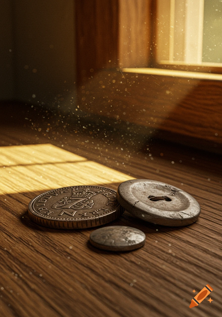 A close-up of an old coin and two weathered buttons on a wooden surface, with dust motes in sunlight.
