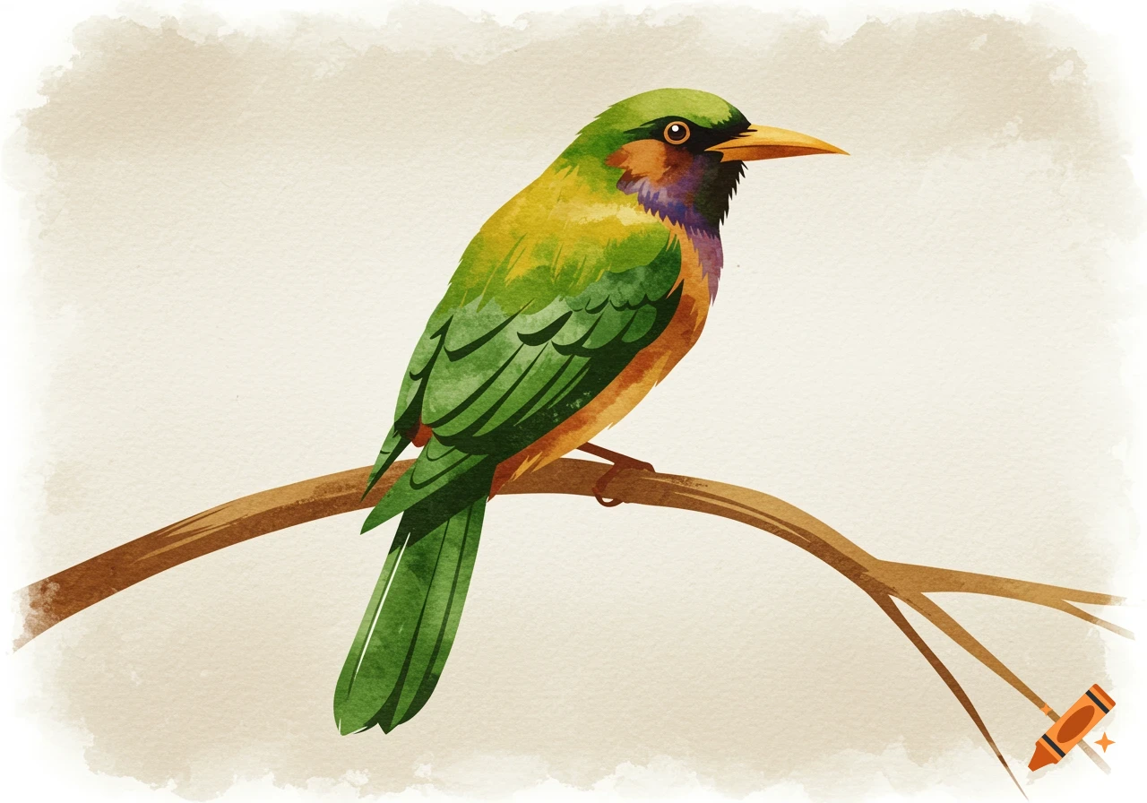 A stylized watercolor painting of a colorful tropical bird with green and chestnut feathers, perched on a curved branch.