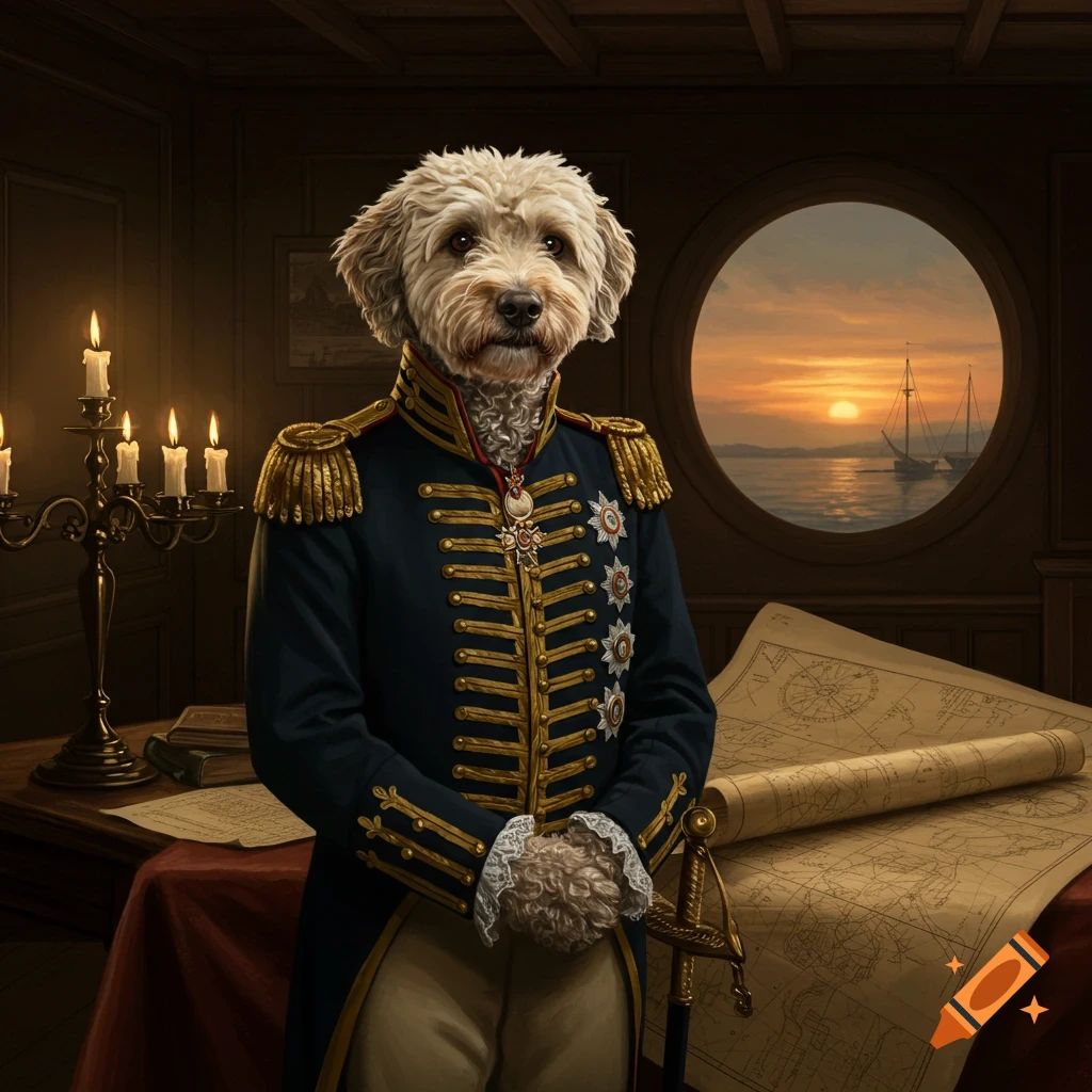 Photorealistic portrait of a Lagotto Romagnolo dog in a historical admiral's uniform in a wood-paneled room with a sunset view.