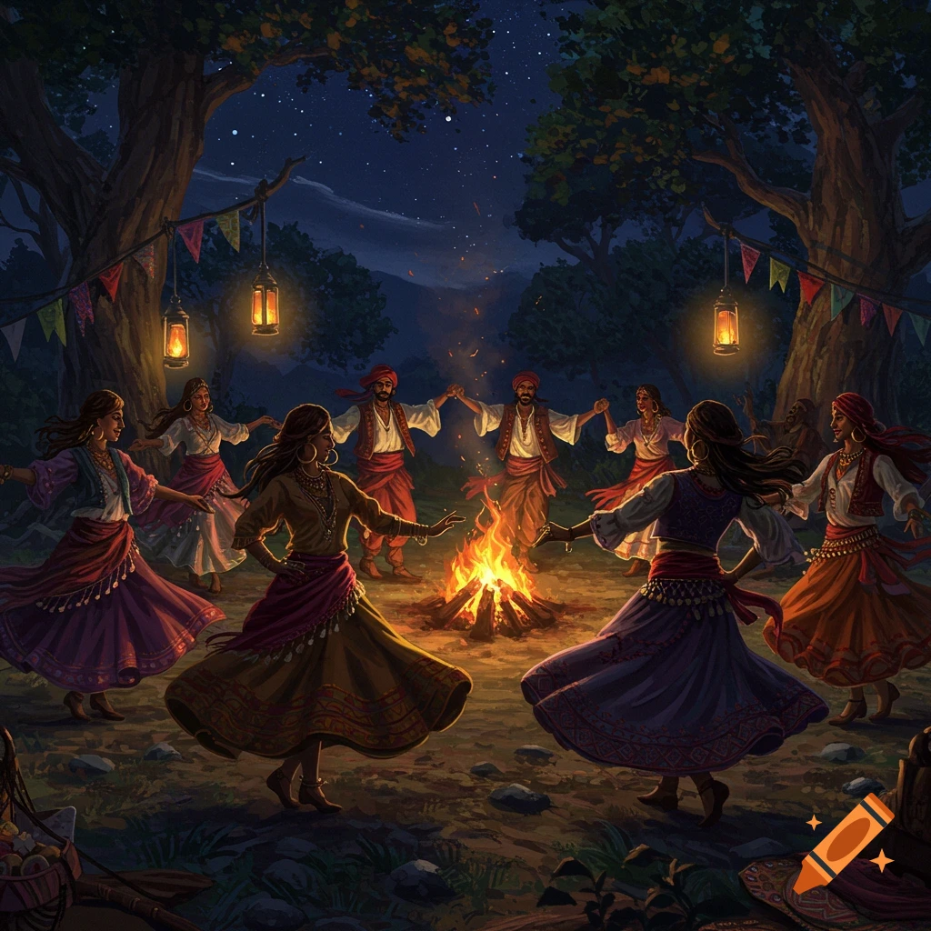 People in traditional attire dance in a circle around a blazing campfire in a forest at night, illuminated by lanterns and stars.