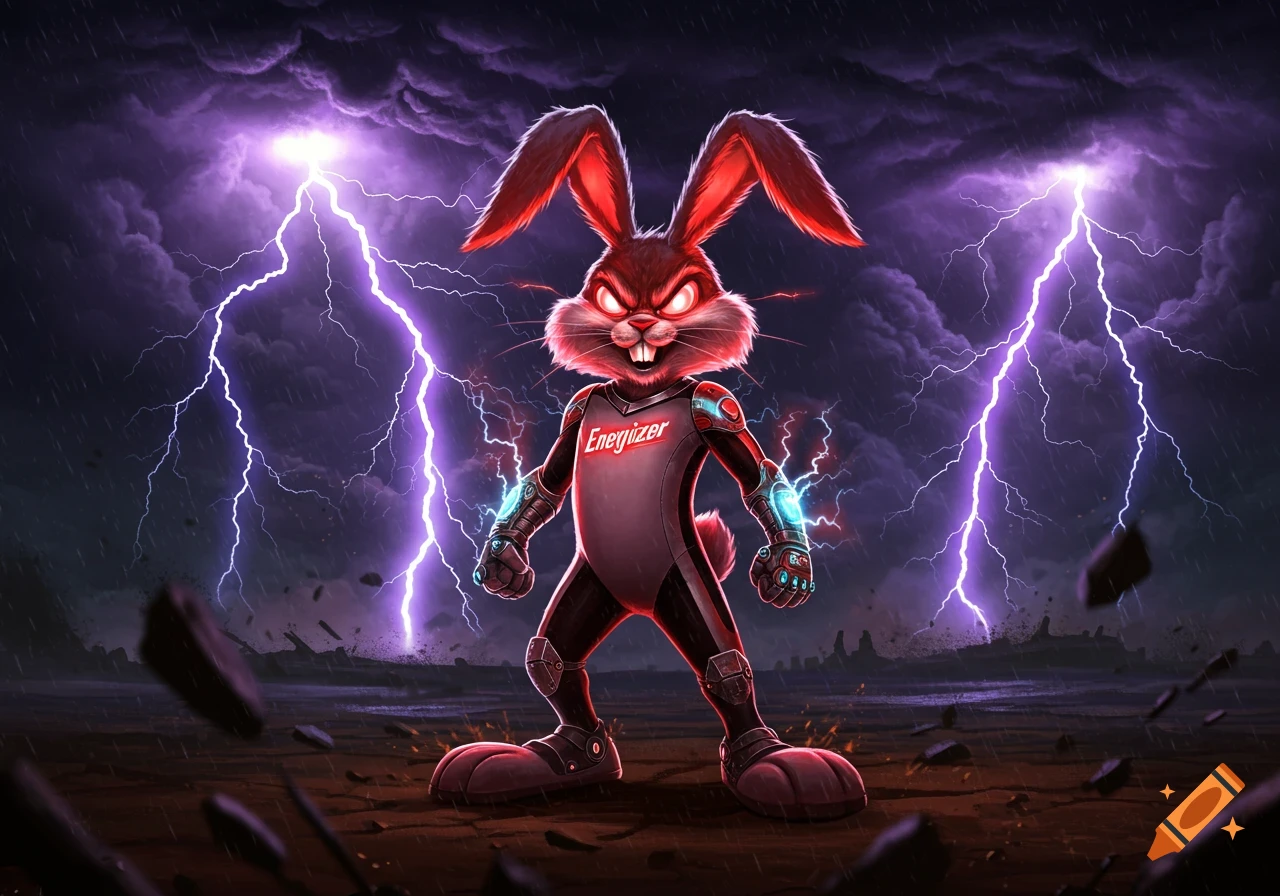 An angry red Energizer bunny in a dark suit with glowing accents stands surrounded by purple lightning strikes under a stormy sky.