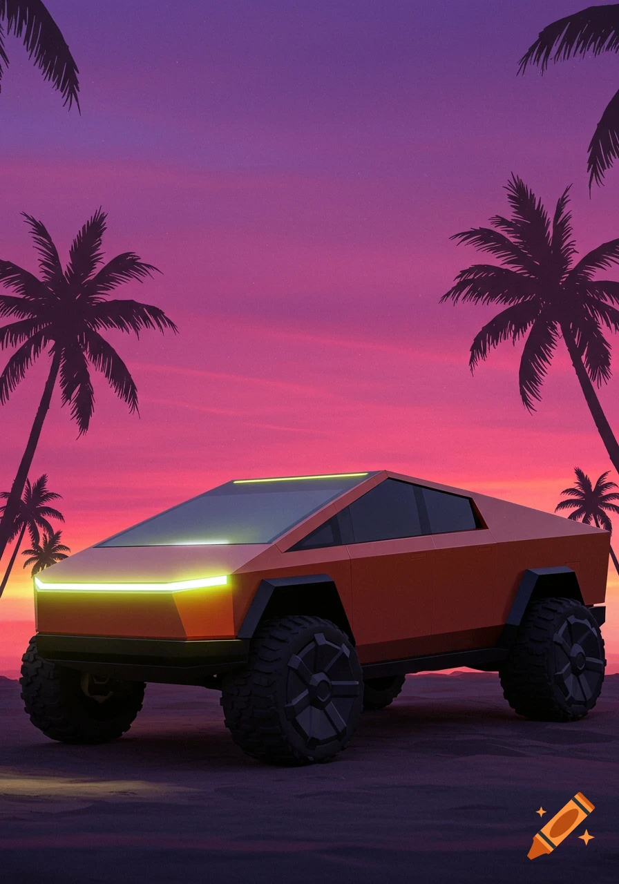 A blaze orange Tesla Cybertruck with yellow lights and black trim, against a magenta-purple tropical sunset and palm trees.