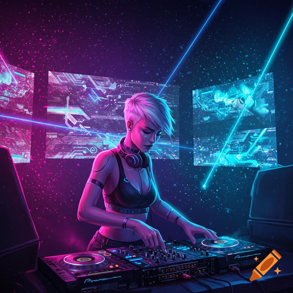 A short blonde DJ with headphones mixing music on a Pioneer controller in a neon-lit cyberpunk club with digital screens, digital art.