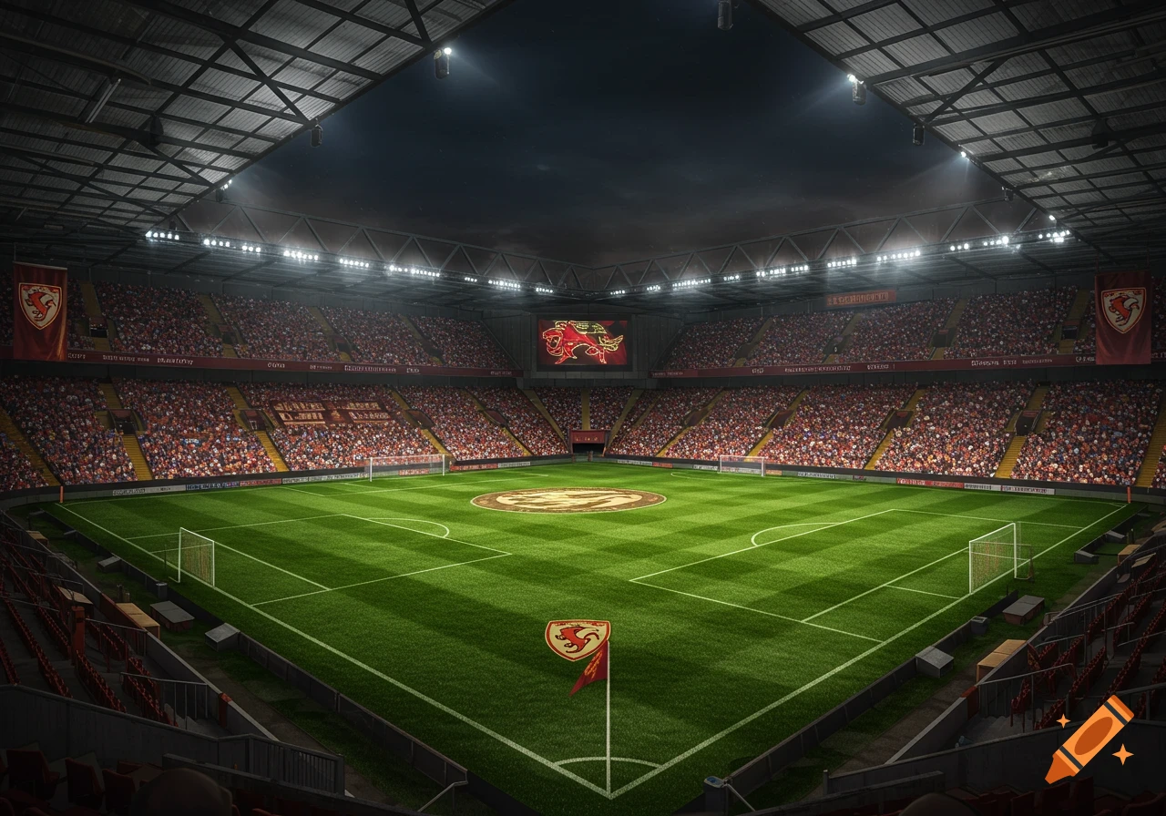 A photorealistic wide view of a large, empty football stadium pitch at night under bright spotlights, with red seats and a large screen displaying a red dragon logo.