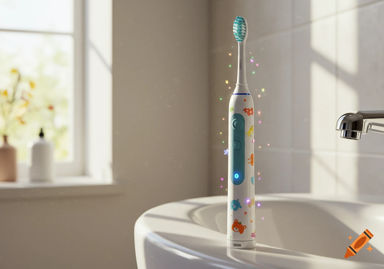 A modern white smart toothbrush with colorful kid-friendly patterns and glowing LED lights sits on a clean white bathroom sink bathed in morning light.