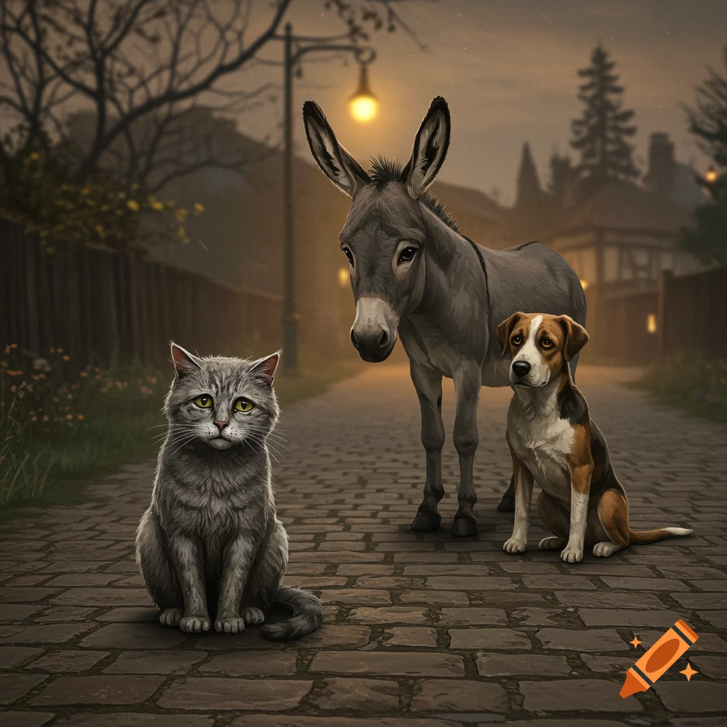 A grey cat, a donkey, and a dog stand on a cobblestone path at dusk, illuminated by a street lamp.