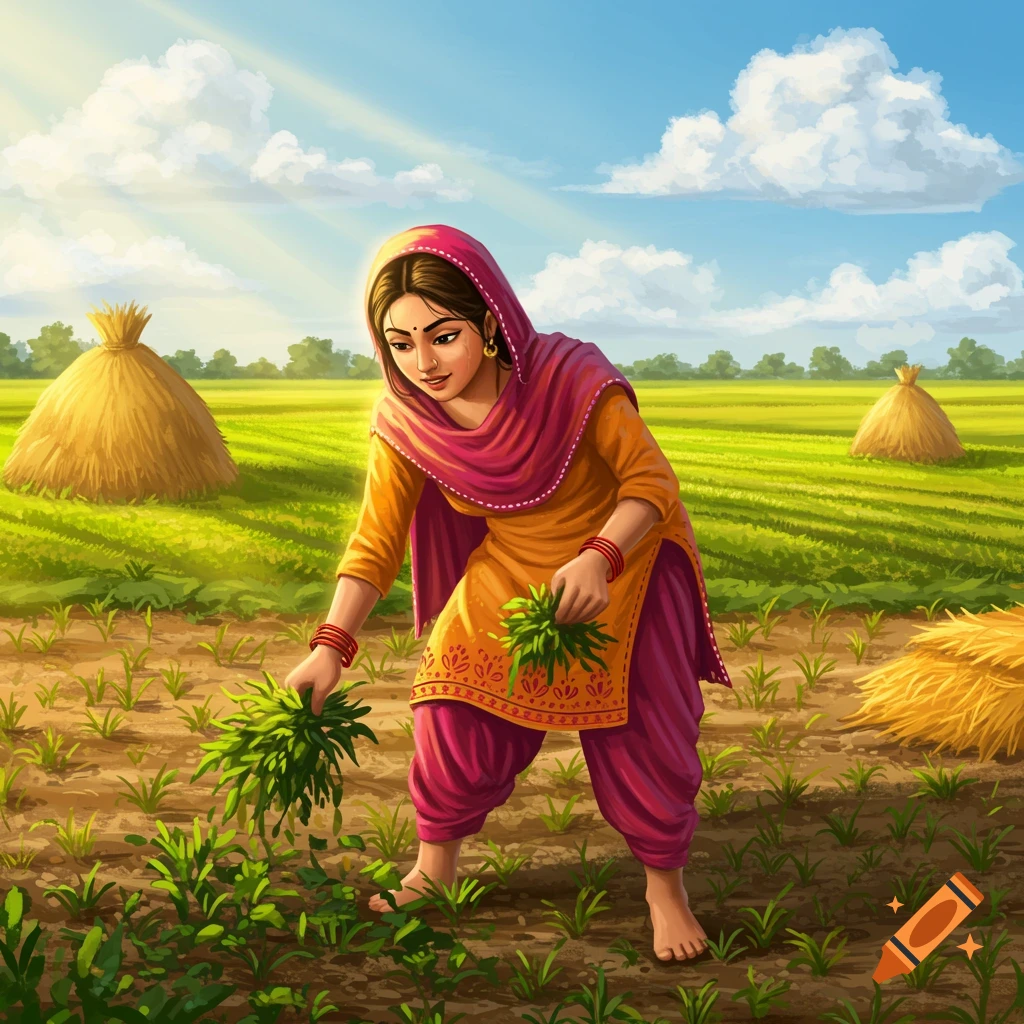 Illustrated image of a Punjabi girl in a pink and orange salwar kameez, barefoot, tending green plants in a sunny field with haystacks.