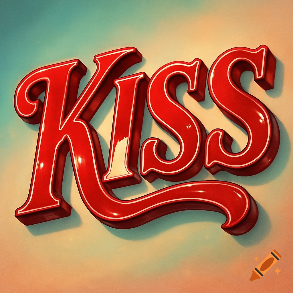 The word KISS in a shiny, red, 3D, 1950s style font with a white border on a gradient background.