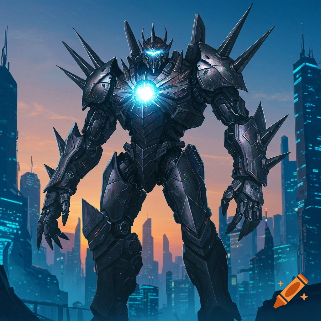 A giant, spiky dark grey mecha with glowing blue eyes and chest stands in a futuristic city at sunset.
