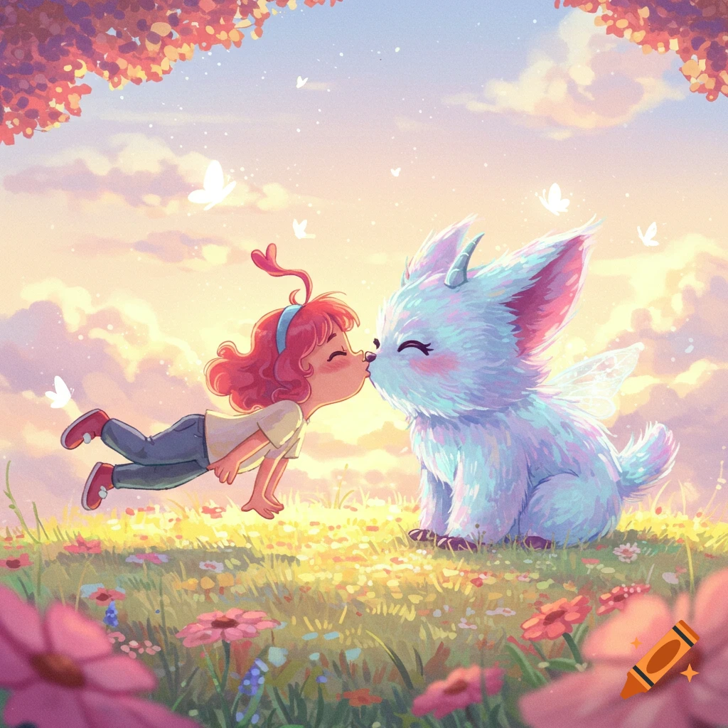 A cute cartoon girl kisses a fluffy, winged creature in a vibrant flower meadow under a soft sky.