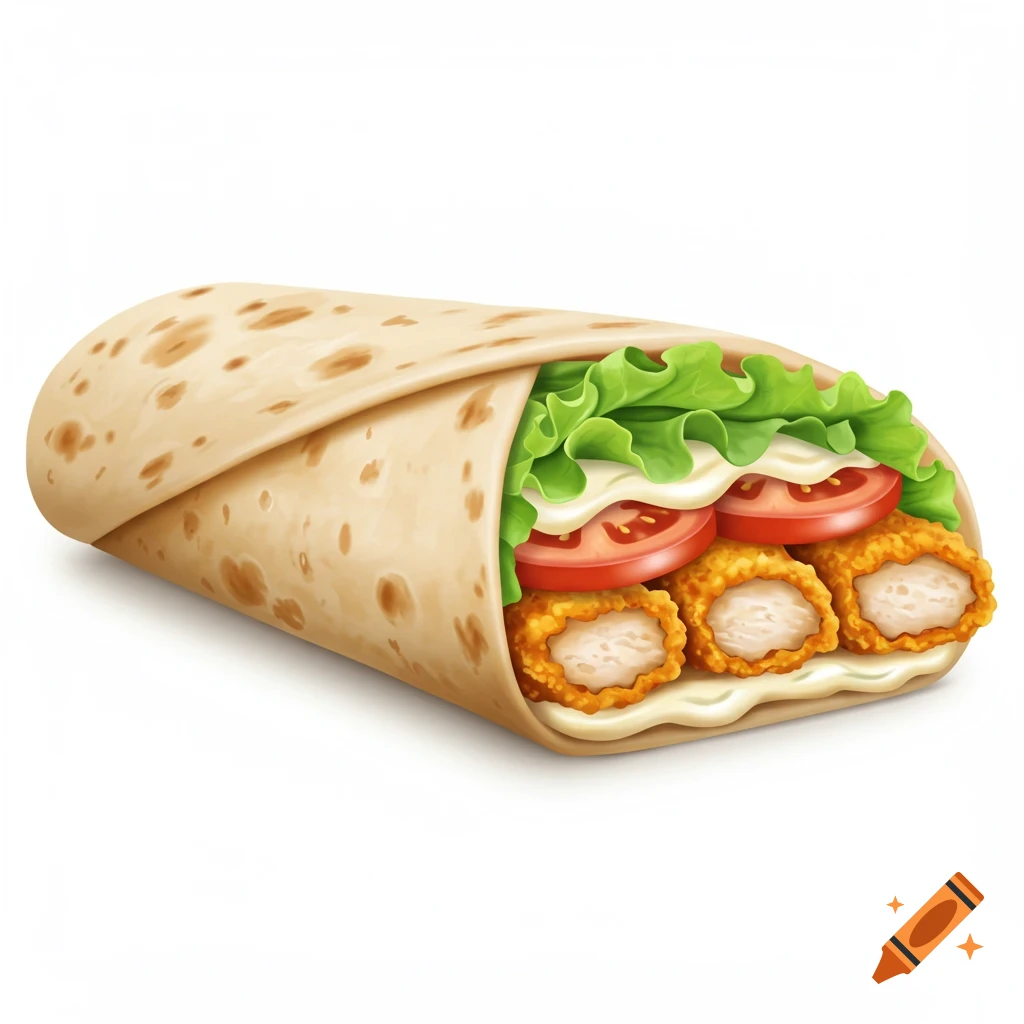 A photorealistic chicken wrap filled with crispy fried chicken, lettuce, tomatoes, and mayonnaise on a white background.