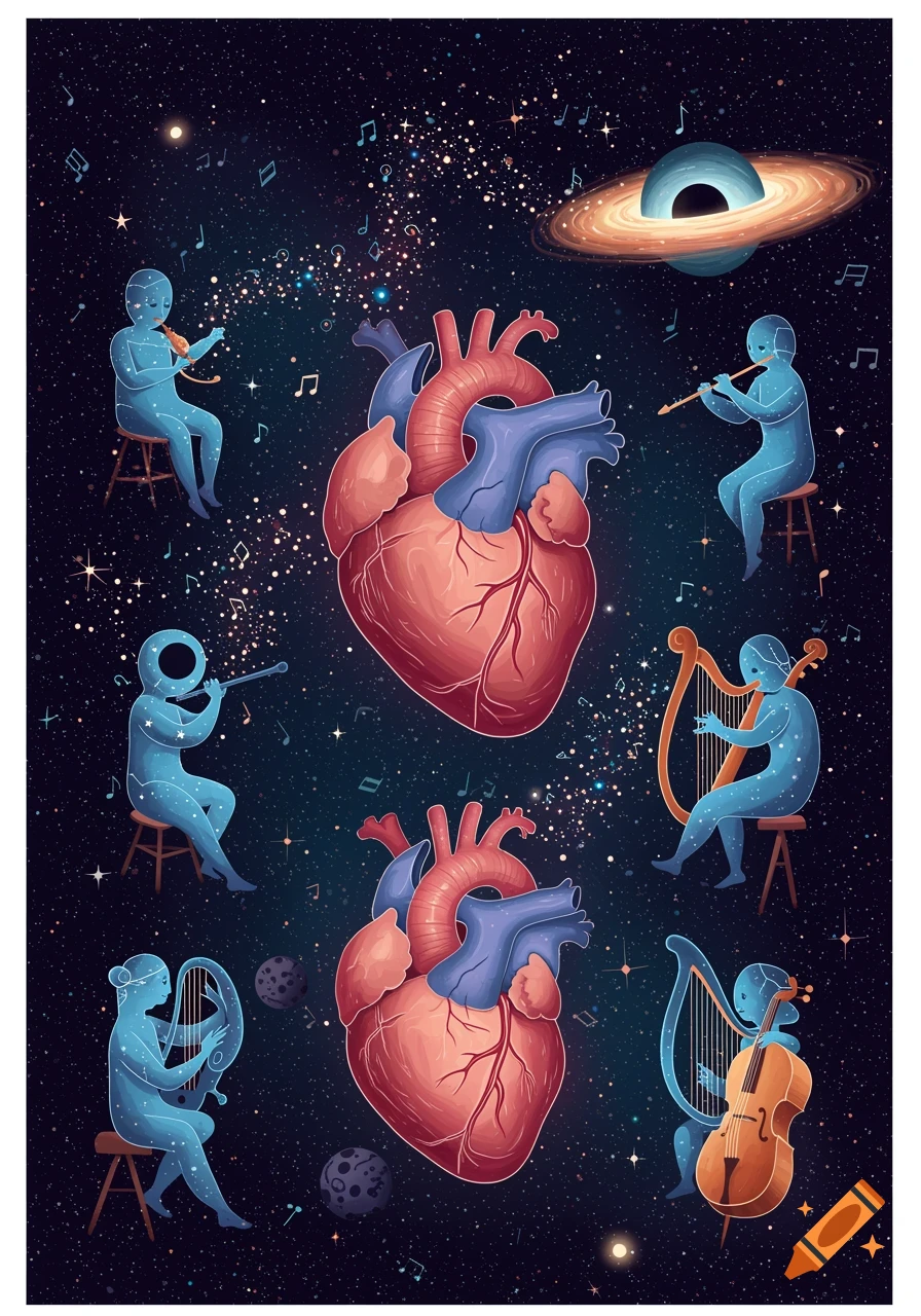 Surreal cosmic illustration of two anatomical hearts surrounded by blue celestial musicians playing instruments in a starry galaxy.