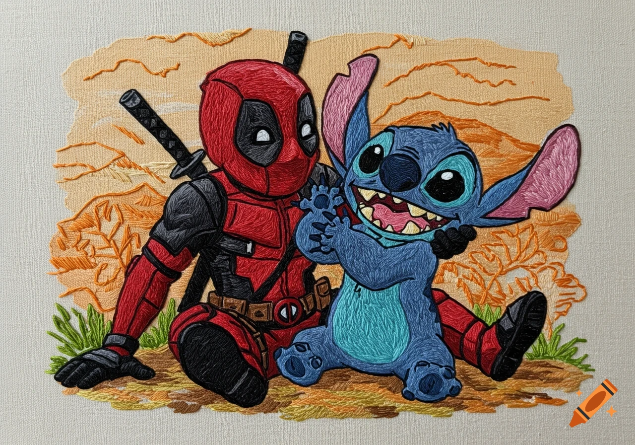 Embroidery of Deadpool sitting next to Stitch, who is smiling broadly, on a textured background.