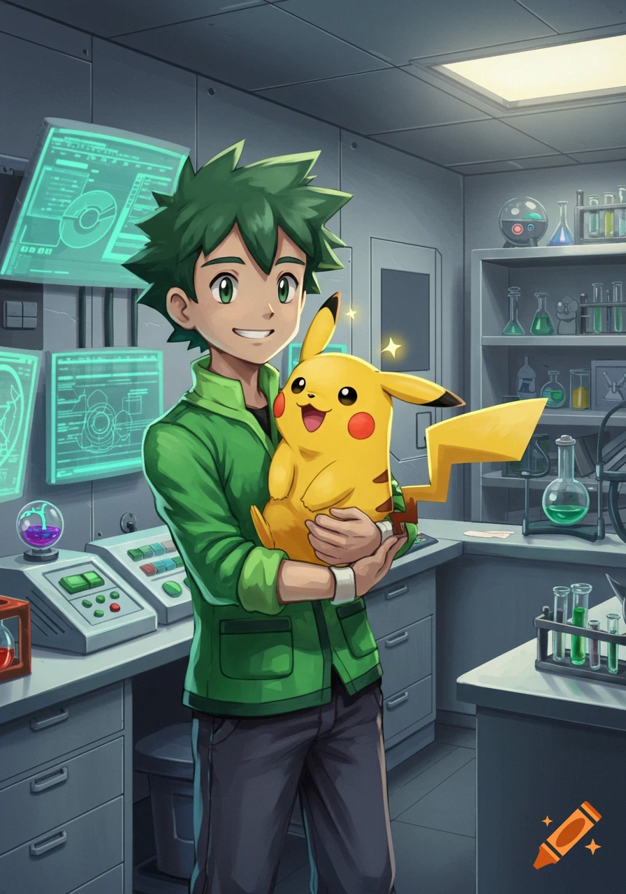 A male character with green spiky hair holds a Pikachu in a science laboratory.