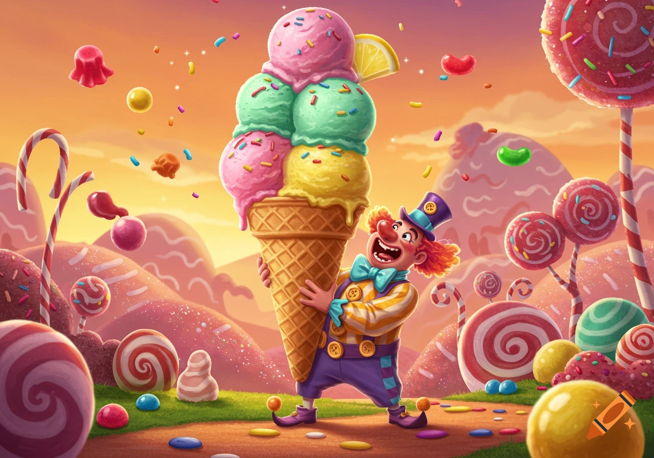A happy, cartoon clown holds a giant ice cream cone in a colorful candy land with lollipops and sprinkles.