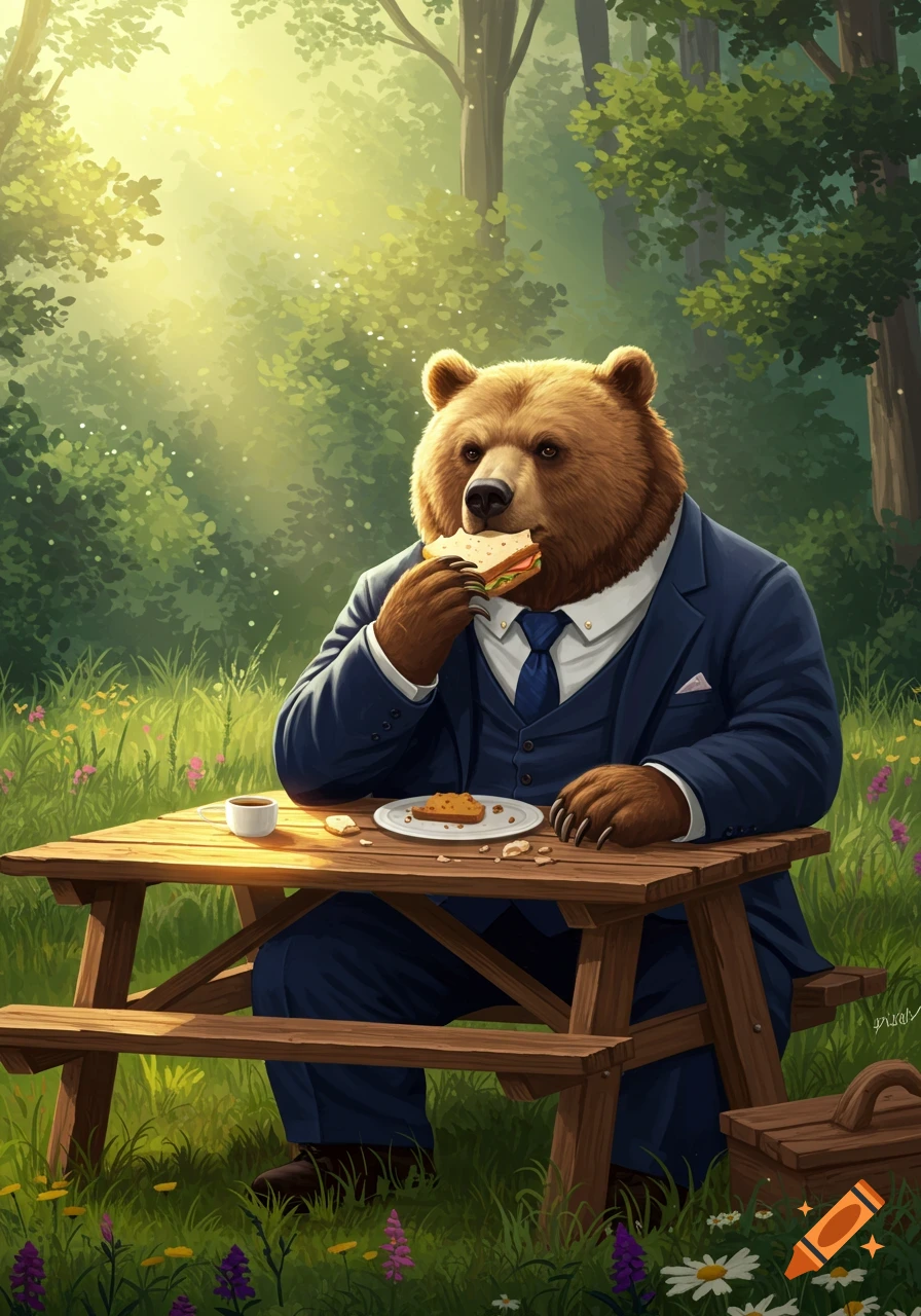 An anthropomorphic bear in a blue suit eats a sandwich at a wooden picnic table in a sunlit forest.