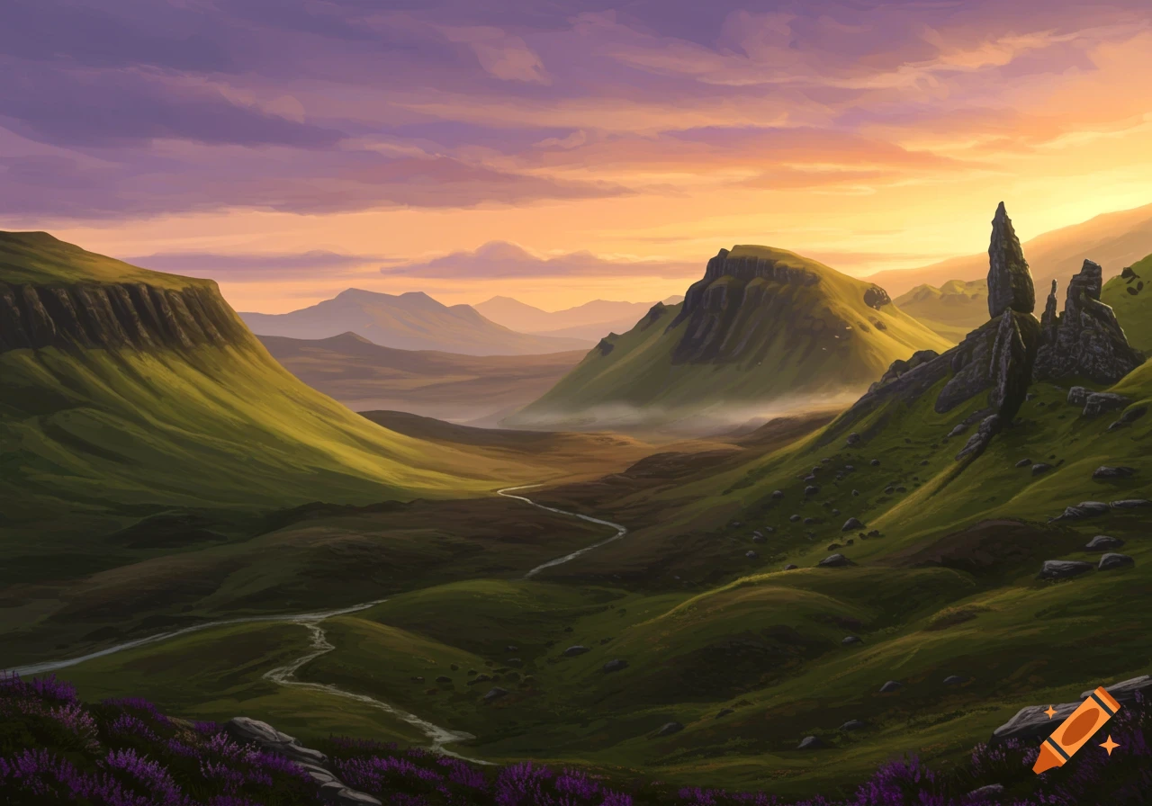 A winding path through green valleys with steep hills and mountains under a colorful sunset sky.