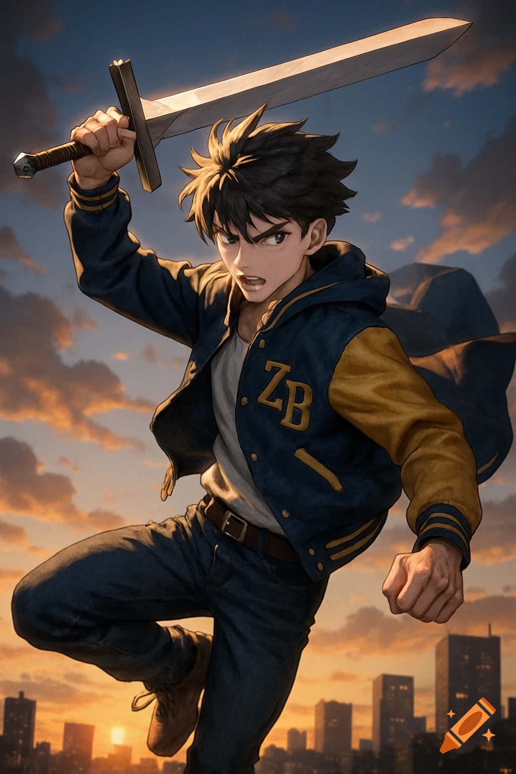 Anime boy in a blue and yellow letterman jacket with ZB, swinging a sword mid-air over a city at sunset.