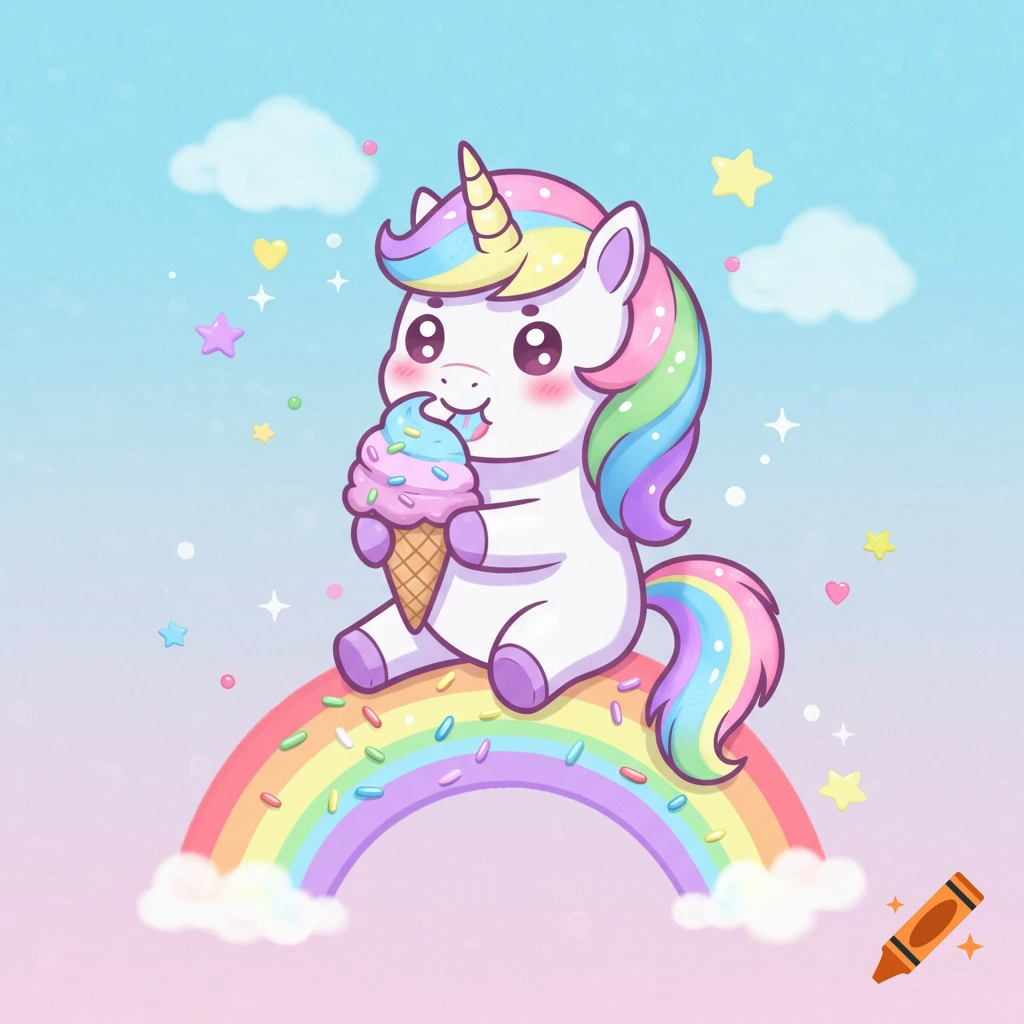 A cute cartoon unicorn with a rainbow mane eats ice cream while sitting on a colorful rainbow with sprinkles.