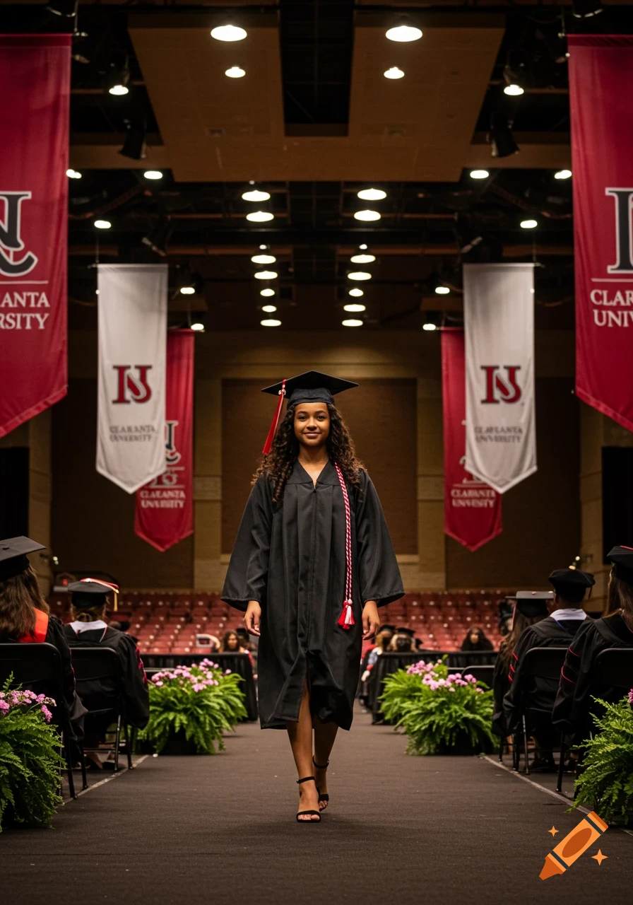A smiling young woman in a black cap and gown walks down an aisle during a graduation ceremony.