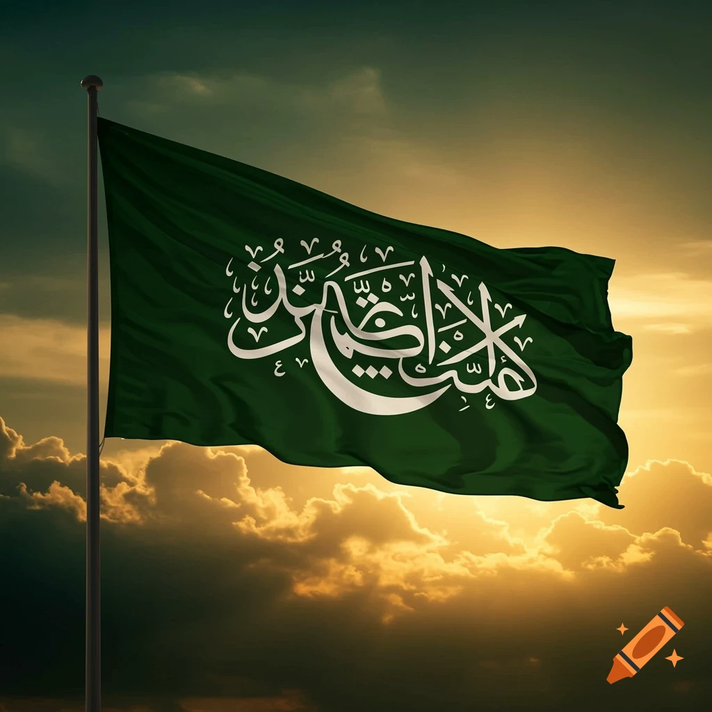 A green flag with white Arabic calligraphy, the Shahada, waving against a dramatic sunset sky.