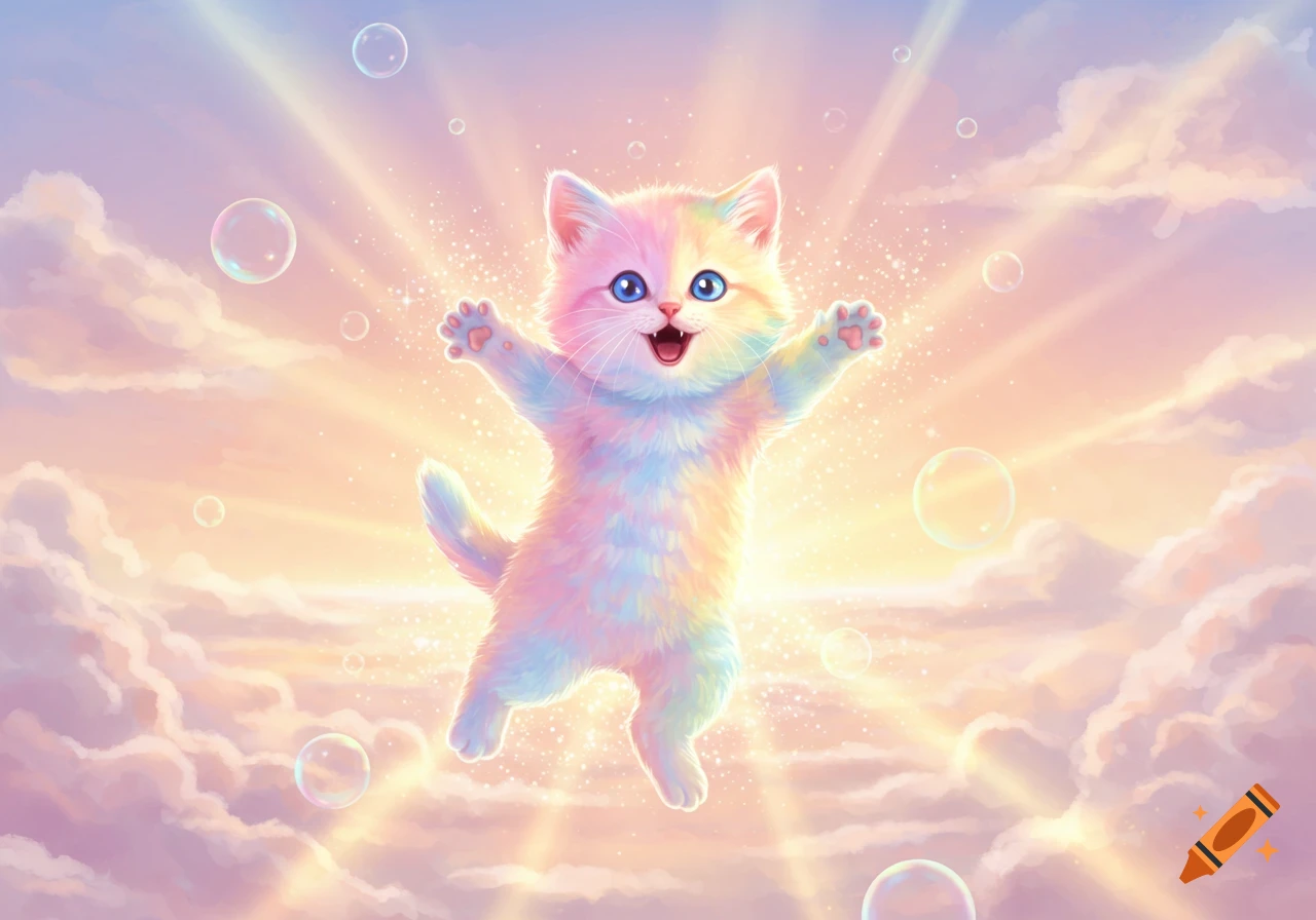 A happy rainbow kitten with outstretched paws floats in a bright sky filled with pastel clouds, sunbeams, and bubbles.