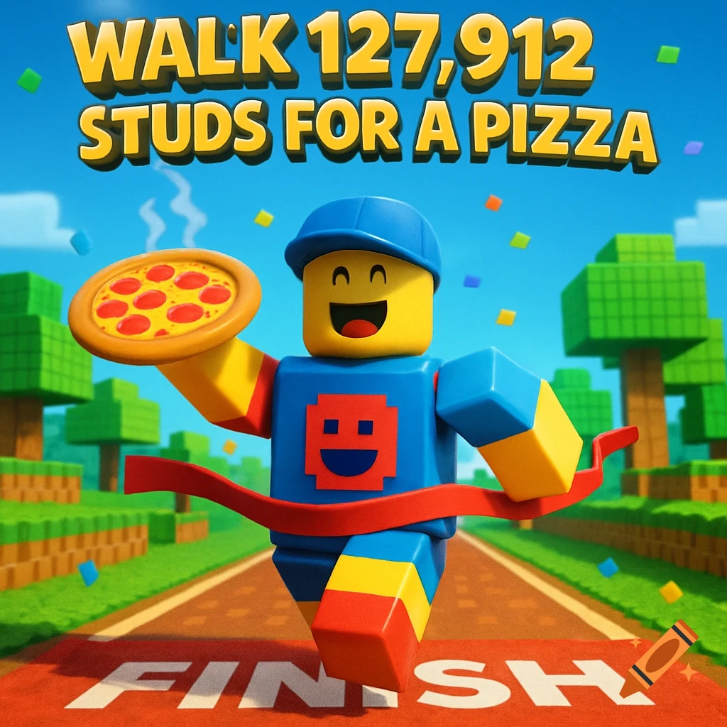A smiling 3D Roblox-style character crosses a finish line holding a pizza. Text reads 'WALK 127,912 STUDS FOR A PIZZA' and 'FINISH'.