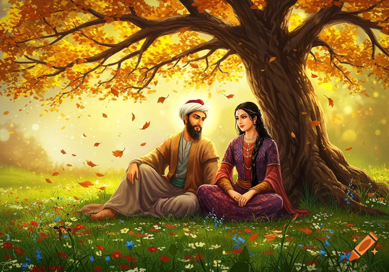 A man and a woman in traditional Middle Eastern attire sit under a large autumn tree with golden leaves falling around them in a field of wildflowers. Stylized art.