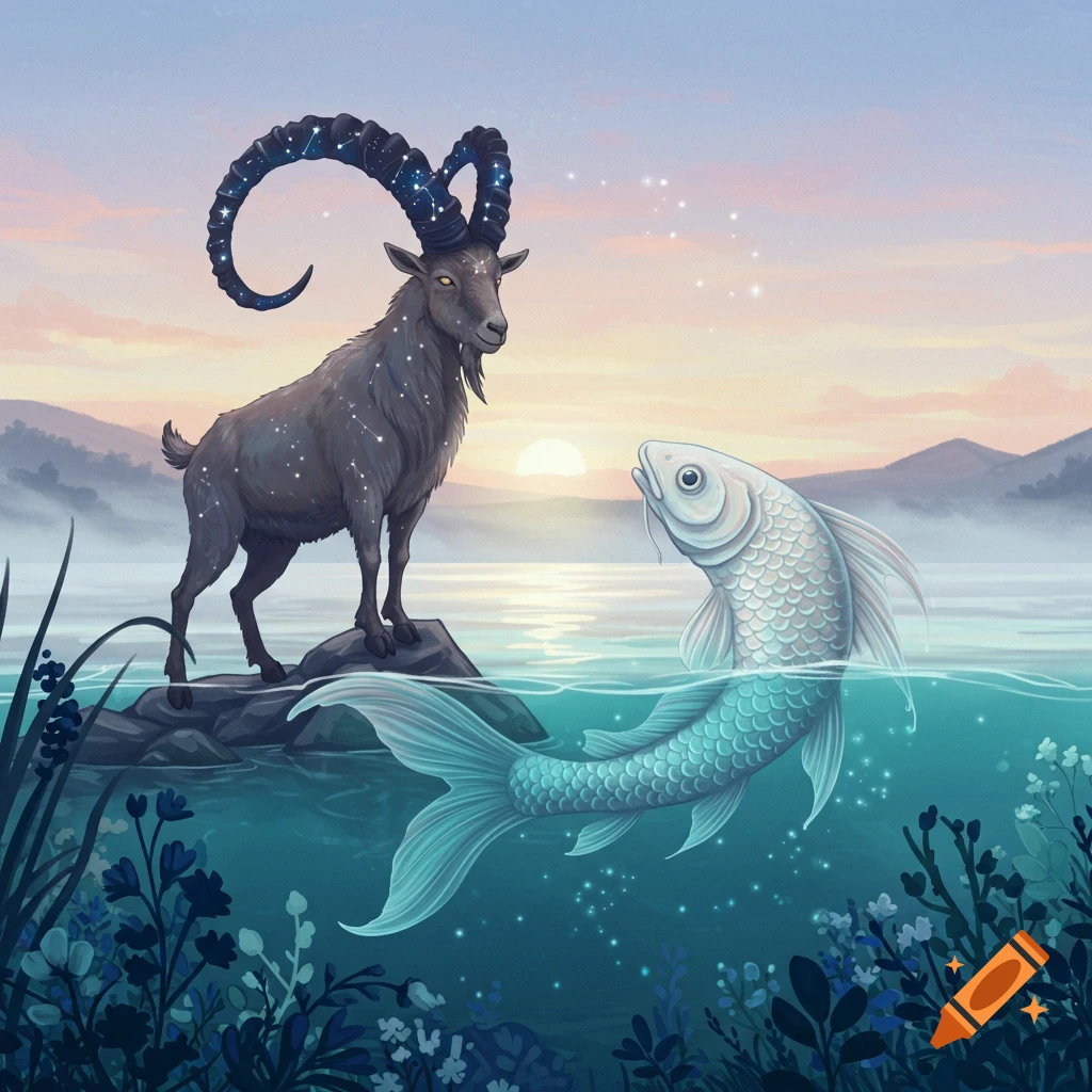 A creature with a goat's body and starry horns stands on rocks in water, facing a large fish with a shimmering tail under a sunset sky.