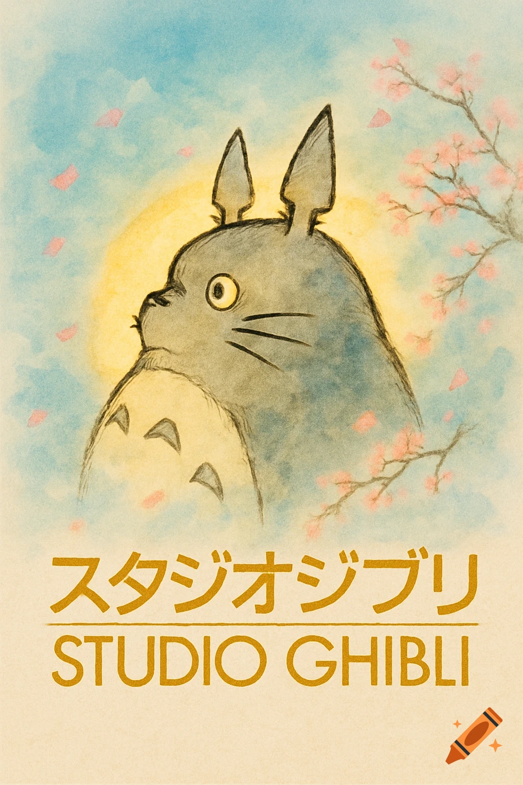 Totoro character in a watercolor illustration with cherry blossoms and the Studio Ghibli logo.